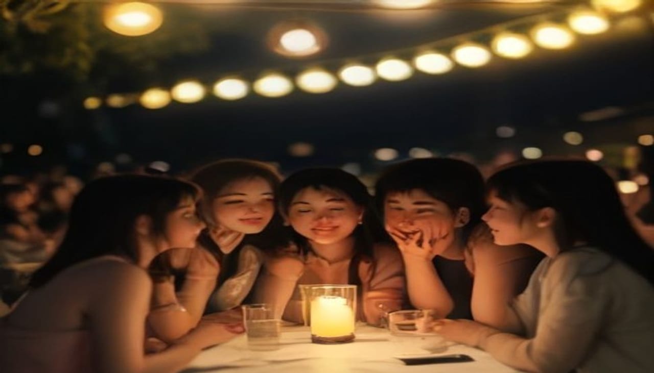 Grupo de amigos alrededor de una mesa de noche, con el móvil encima de la mesa