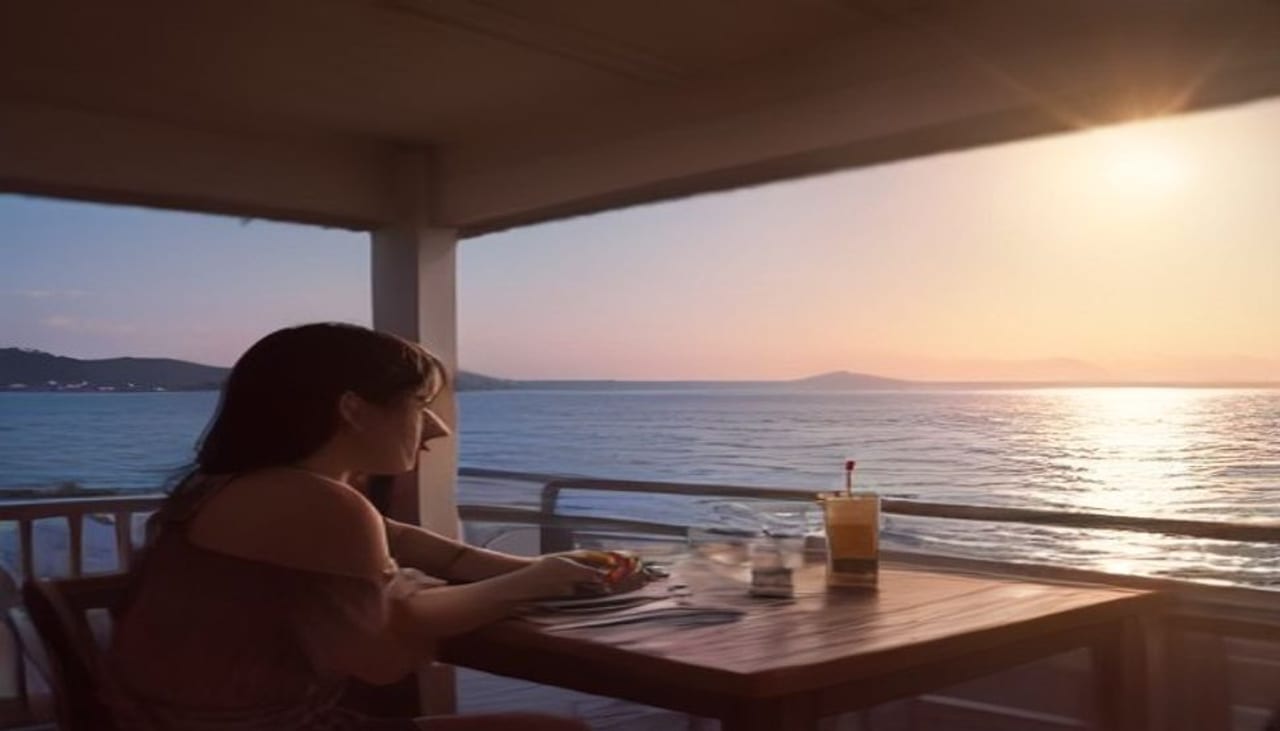 Mesa de una terraza frente al mar con el sol bajando sobre el agua