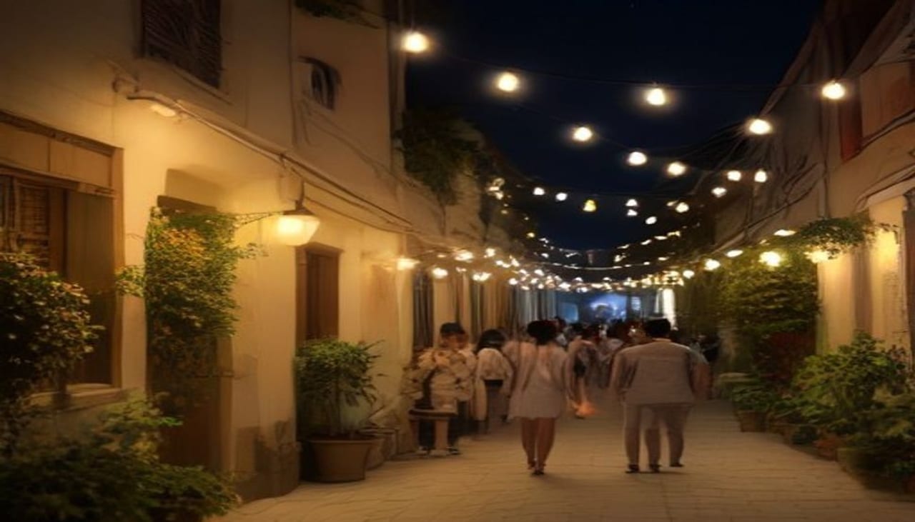 A group seen from behind walking down a whitewashed alley under warm string lights, on an October night