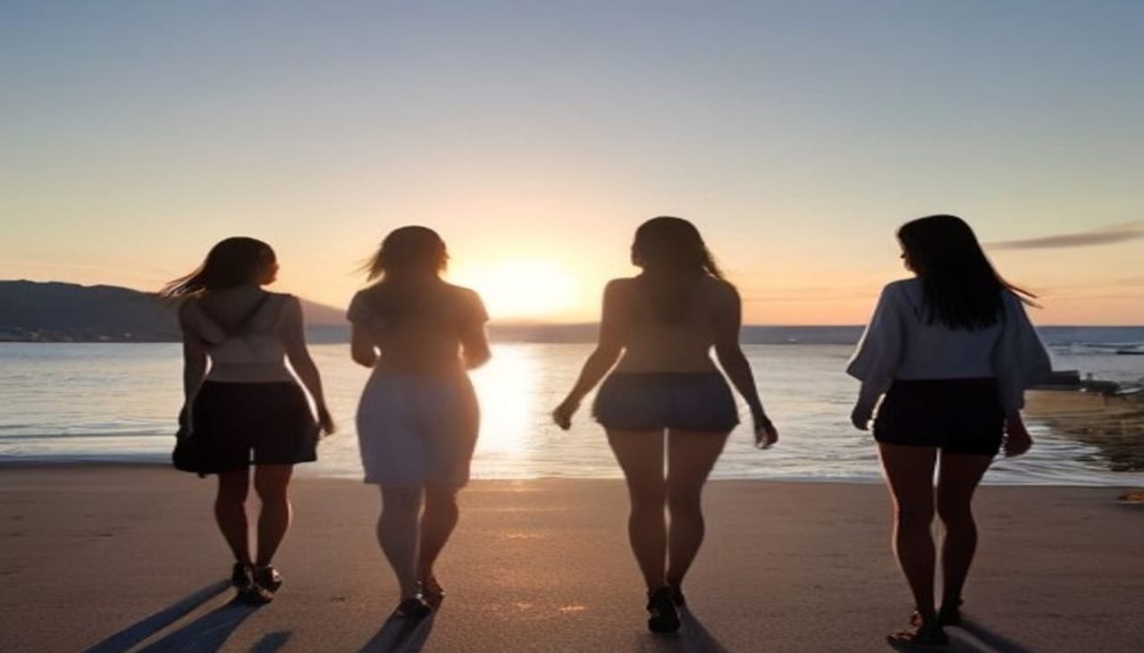 Cuatro amigas paseando de espaldas por la orilla al atardecer