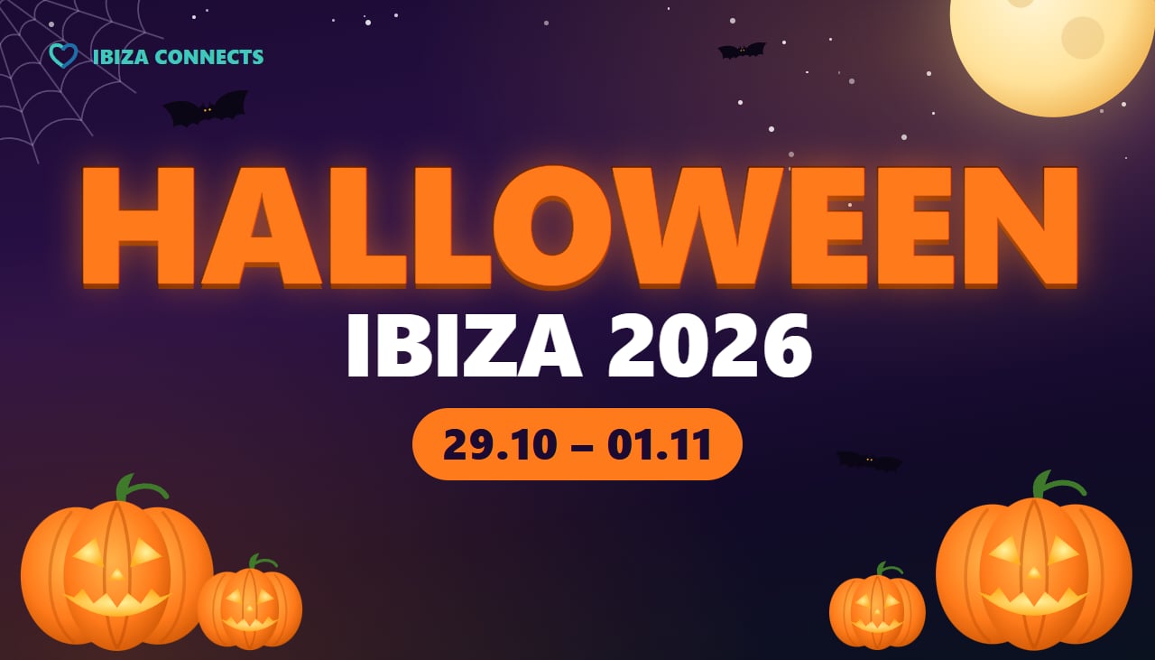 Calabazas, murciélagos y luna llena dibujados para la guía de Halloween 2026 en Ibiza de Ibiza Connects