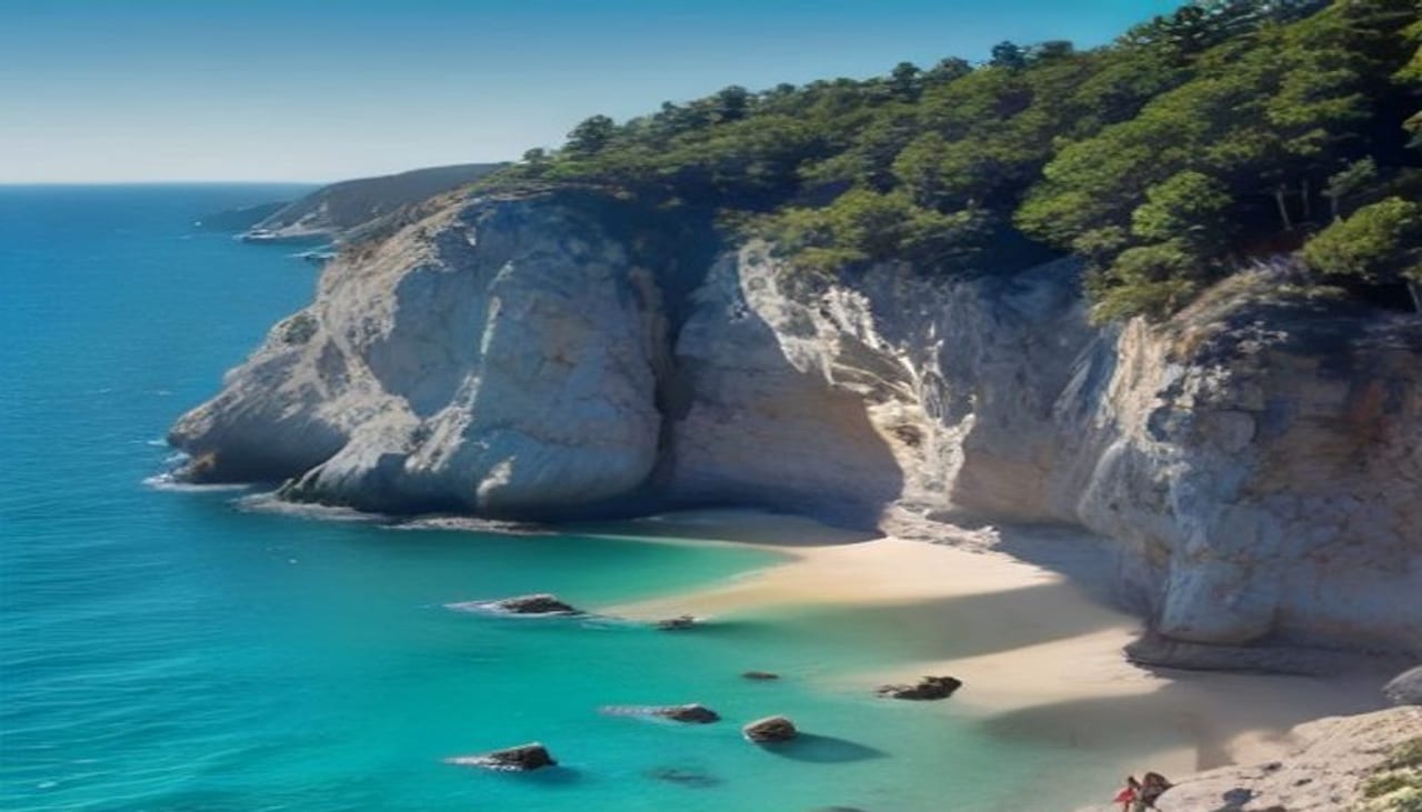 A quiet Ibiza cove with pine trees and turquoise water in soft October light