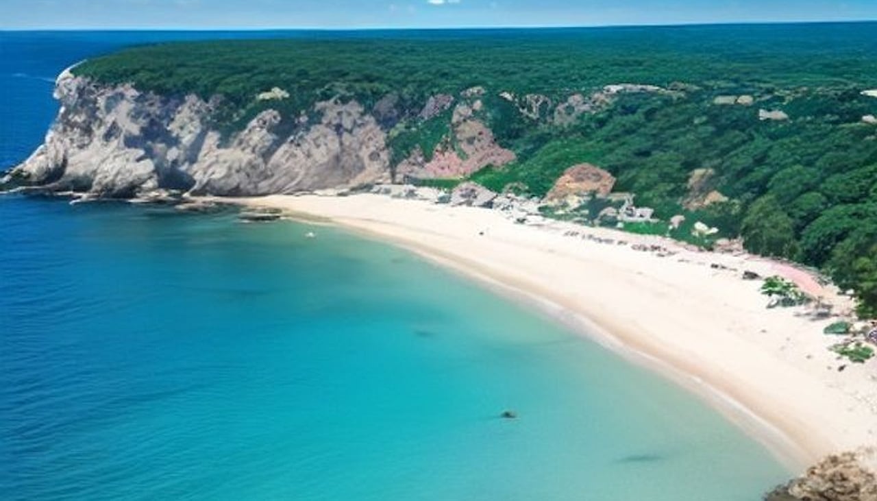 Playa de arena y agua turquesa bajo un cabo cubierto de pinos